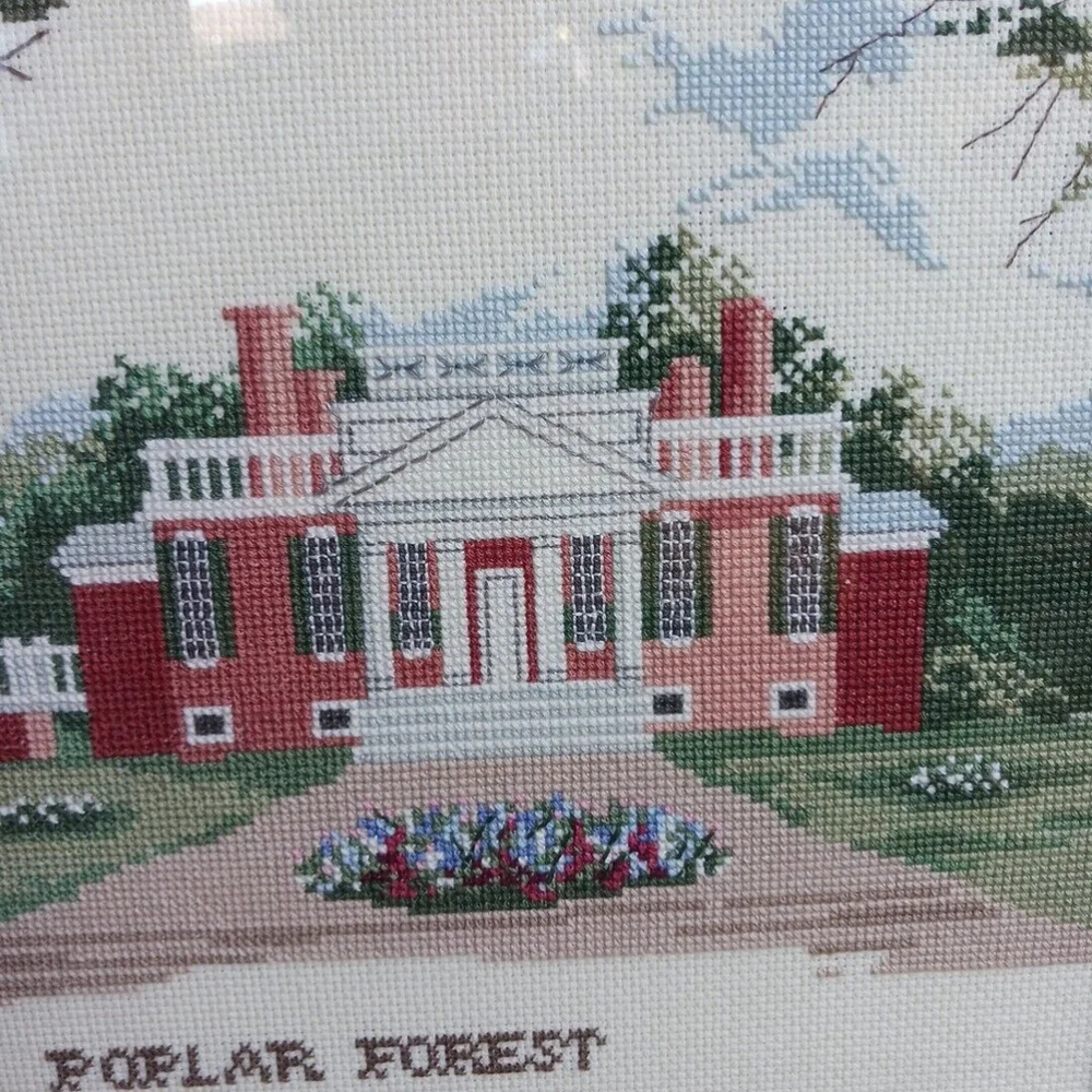 Vintage Cross Stitch Framed Poplar Forest Thomas Jefferson Plantation 20x16